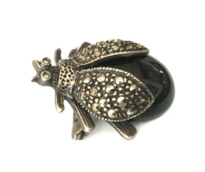 Vintage Brooch Pin MARKED NF 925 STERLING SILVER Ladybug Beetle Bug Marcasite - Picture 1 of 5