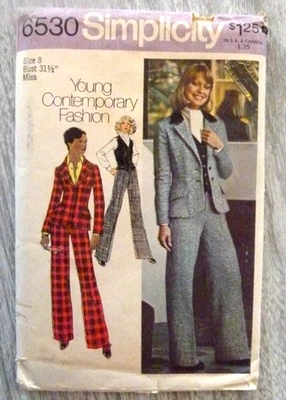 SIMPLICITY 6530 MISSES' SIZE 8 JACKET, VEST, PANTS SEWING PATTERN  ©1974 uncut - Image 1 of 2