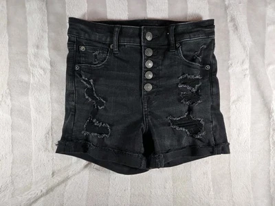 American Eagle Next Level Stretch Curvy Super Hi Rise Shortie Black 0 Button Fly - Image 1 of 4