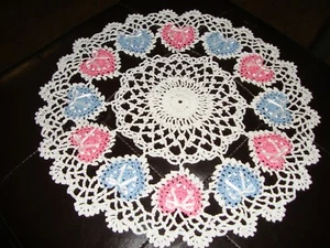 TAMS PINK & BLUE HEARTS~PINK RED VALENTINES~DOILY~CROCHET~12"~VALENTINE'S ~LOVE - Picture 1 of 2