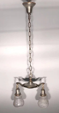 Double pendant light with nice original silver tone finish over brass 17D Cover