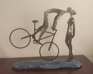 Kissing Cyclist Sculpture Lovers on Bike Engagement Gift -Bronze (broken hand) - Picture 1 of 15