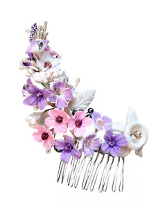 Tocado Novia Adorno peineta con flores silvestres, flores de porcelana - Imagen 1 de 7