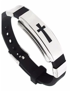 Christian Cross Bracelet Black Silicone Strap with Stainless Steel - Picture 1 of 6