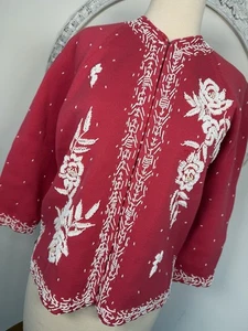 Vintage 1950s Women’s Pink Beaded Sweater White Beads Jo Ro Miami Hand Loomed - Picture 1 of 22