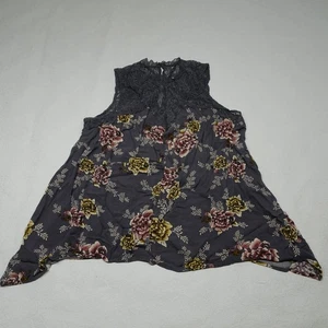 Torrid Size 1X Gray Illusion Sharkbite Gauze Tank Top Flowy Floral Lace Detail - Picture 1 of 9