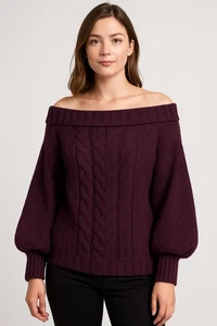 Suéter LOFT Para Mujer Medio Púrpura Tejido con Cable Grueso Fuera del Hombro Manga Globo - Imagen 1 de 3