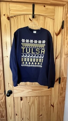 Vtg University Of Tulsa Golden Hurricane TU Blue Christmas Holiday Sweatshirt LG - Image 1 of 3