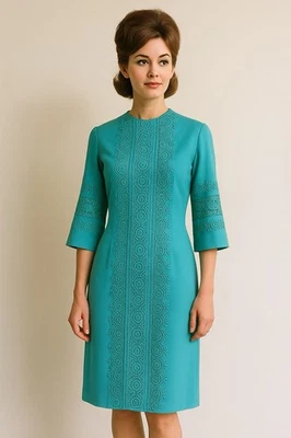 Vtg 60s Embroidered Teal Blue Shift Mod Dress Bell Sleeves 27” Waist  Cottage - Image 1 of 4