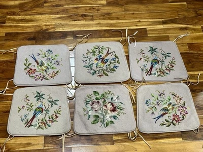 Vintage Needlepoint Floral Birds Chair Covers Set Of 6 - Image 1 of 4