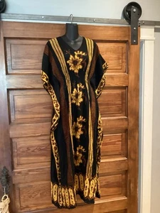 Vintage Batik Keris Damen Einheitsgröße gelb Blumen Boho 70er Maxi Kaftan Liege - Bild 1 von 9
