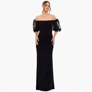 Xscape Melanie abito crepe subacqueo manica floreale 3D spalle scoperte nero 12 nuovo con etichette - Foto 1 di 16