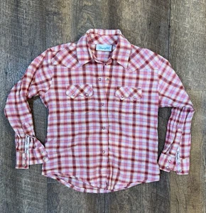 Wrangler Pearl Snap Girls Size 4 Long Sleeve Collard Shirt. Plaid Shimmery Pink - Picture 1 of 5