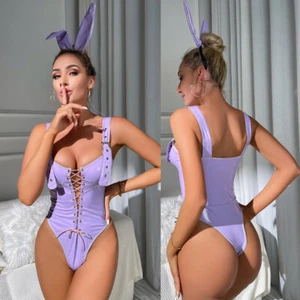 Women One Piece Bodysuit Lace Up V Neck Leather Sleepwear Babydoll Corset Top - Picture 1 of 18