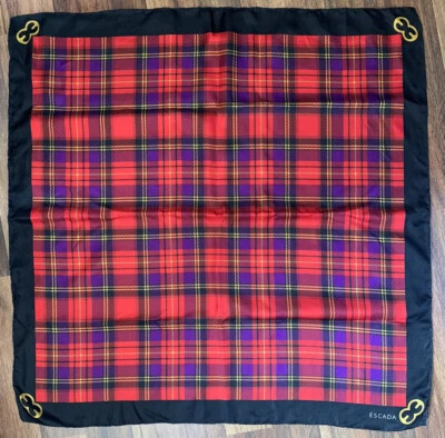 Bufanda cuadrada a cuadros de seda Escada hecha en Italia 34x34 roja negra amarilla Foto 1 de 4