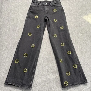 H&M Girls Jeans Size 12 Smiley World Stretch Denim Black Wide Leg Low adj Waist - Picture 1 of 12