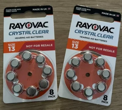 2 x RAYOVAC CRYSTAL CLEAR HEARING AID BATTERIES SIZE 13 PK of 8 - Expiry 2028