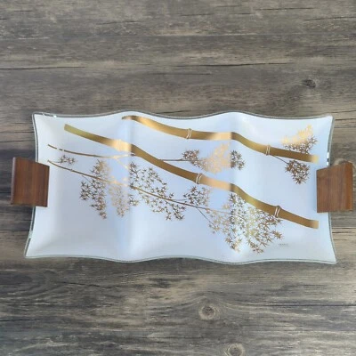 Vtg Bamboo Serving Tray Divided White Teak Glass Ernest Sohn MCM Asia Dish Plate - Image 1 of 4