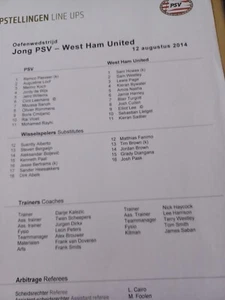 VERY RARE Double-sided Colour Teamsheet PSV u21s V West Ham Utd U21s 12/8/24 - Picture 1 of 3