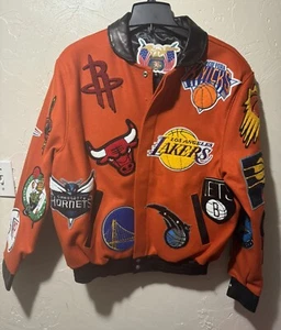 Jeff Hamilton Men’s NBA Collage Wool & Leather Jacket Orange Size Medium - Picture 1 of 4