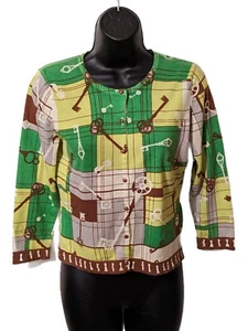 Cabi 861 Size S Green Brown Cardigan Button Up Key Print - Picture 1 of 3