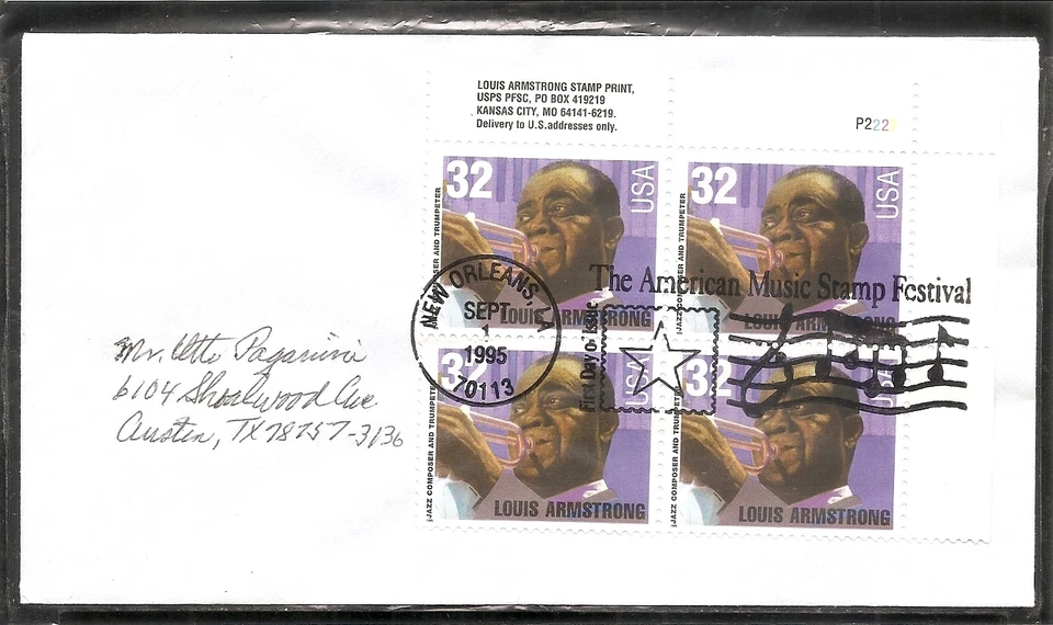 US SC # 2982 Louis Armstrong  FDC. BLk 4 , Plate # . No Cachet - Image 1 of 1