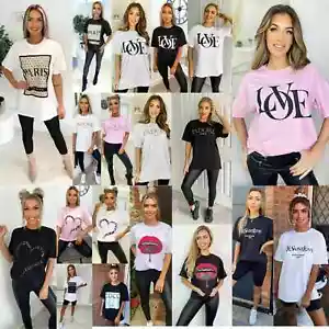 Womens T Shirt Ladies Oversized Baggy Fit Short Sleeve Slogan T-shirt Tee Tops - Picture 1 of 22
