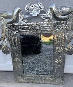 Hammered Punched Cut Out Decorative Tin Frame With Mirror Unique Hand Made - Picture 1 of 13
