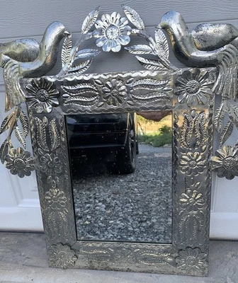 Hammered Punched Cut Out Decorative Tin Frame With Mirror Unique Hand Made - Image 1 of 4