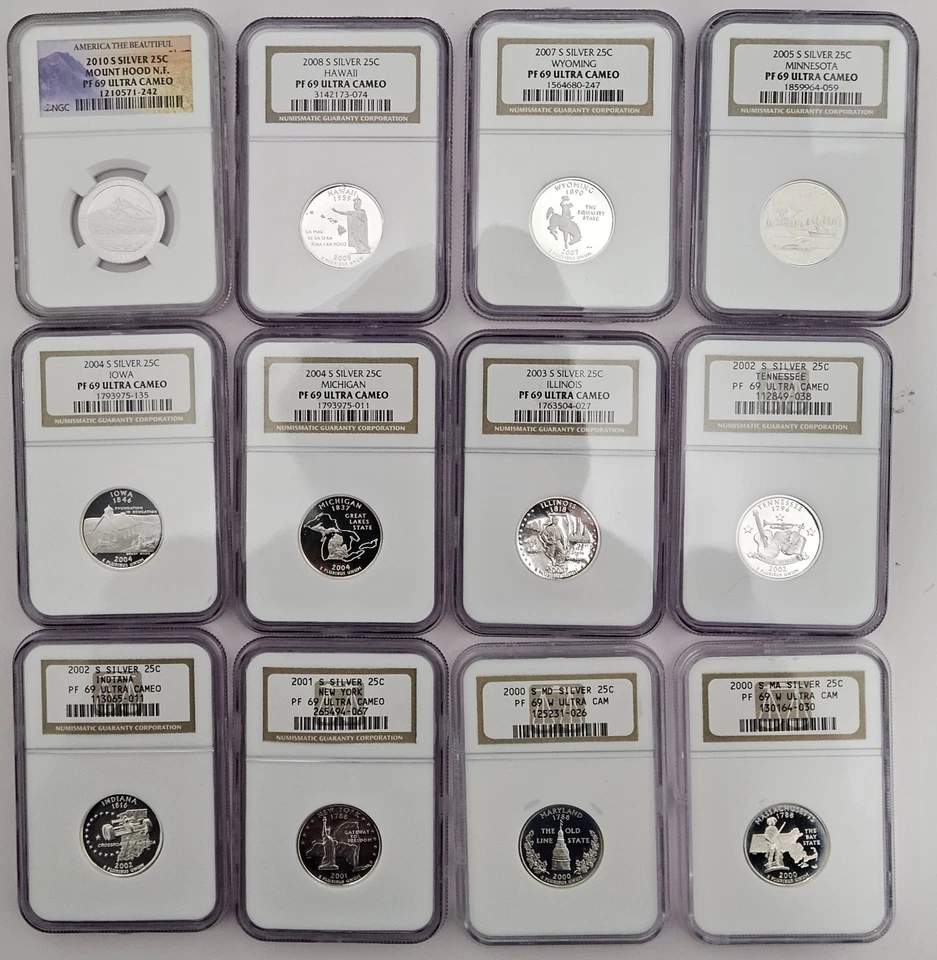 Lot Of 12 United States S Silver Quarters PF69 Ultra Cameo - 11 States & Mt Hood - Image 1 of 4