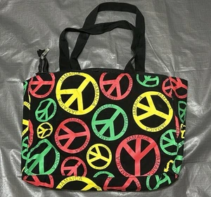 JAMAICA Peace Sign Black Canvas Tote Beach Bag Robin Ruth Colorful - Picture 1 of 24