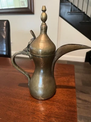 Vintage Arabic Dallah Brass Coffee Pot Hand Made Hammered Lid Marked Old 11"inch - Image 1 of 4