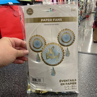 Oh Baby Blue & Gold Foil Decorative Paper Fans W/ Tassels 3ct NEW 12” (2) 8” - Image 1 of 4
