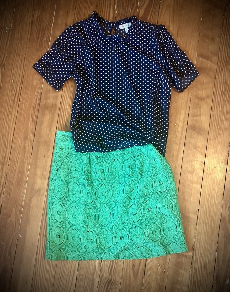 Falda Anthro Beth Bowles Talla 8 Verde Bordada Encaje Superpuesto con Bolsillos Cortados Foto 1 de 4