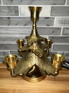 VTG Brass Etched Christmas Tree Five Candle Holder Decor MCM Mid Century NICE! - Picture 1 of 8