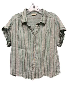 Poetry Striped Short-Sleeve Linen Shirt Size 14 Beach Coastal Grandma Flowy - Picture 1 of 13