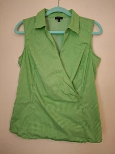 Talbot's Women's Size 12 Faux Wrap Top Green Polka Dot Cotton Stretch Side Zip - Foto 1 di 8