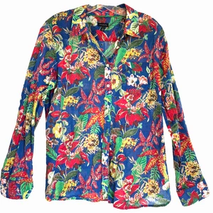 Talbots Button Blous Shirt L Light Cotton Vibrant Colors blue red yellow - Picture 1 of 6