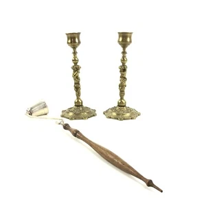 Vintage Brass Cherub Candlesticks & Snuffer - Picture 1 of 8