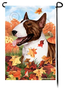 Falling Leaves Garden Flag - Brindle and White Bull Terrier - Picture 1 of 1