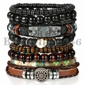 8pcs Set Black Skull Brown Tribal Leather Cuff Wristband Bracelet for Men Women - Picture 1 of 7