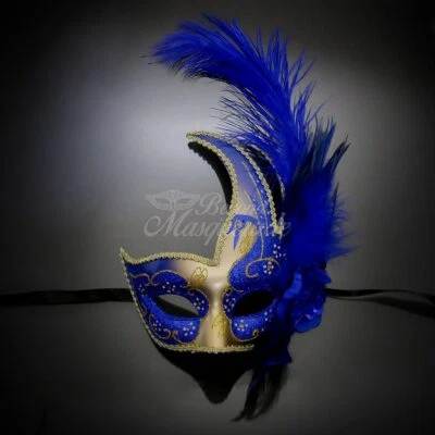 Feather Masquerade Mask Mardi Gras Burlesque Gold Royal Blue M6131 - Image 1 of 4