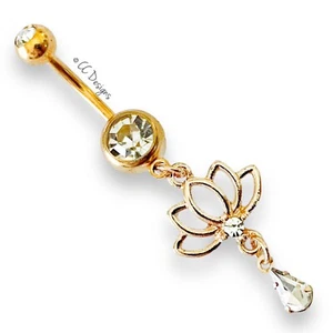 14g gold IP white cz dangle lotus blossom flower droplet belly ring (B82) - Picture 1 of 2