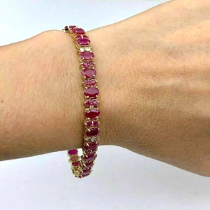 8Ct Oval & Round Cut Ruby & Diamond Bracelet Tennis 14K Yellow Gold Finish - Picture 1 of 7