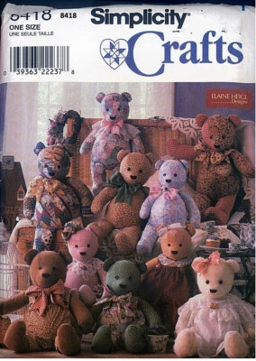 OOP Simplicity 8418 18 20 22 Inch Stuffed Bears w Overalls Elaine Heigl Pattern - Image 1 of 2