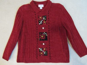 Alfred Dunner Red Cable Chenille Christmas Holiday Poinsettia Womens Sweater XL - Picture 1 of 6