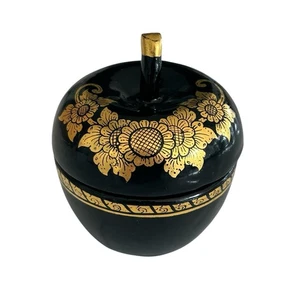 Vtg. Black Lacquered Wooden Trinket Box Apple Gold Accents Lidded Jar Vanity 2" - Picture 1 of 11