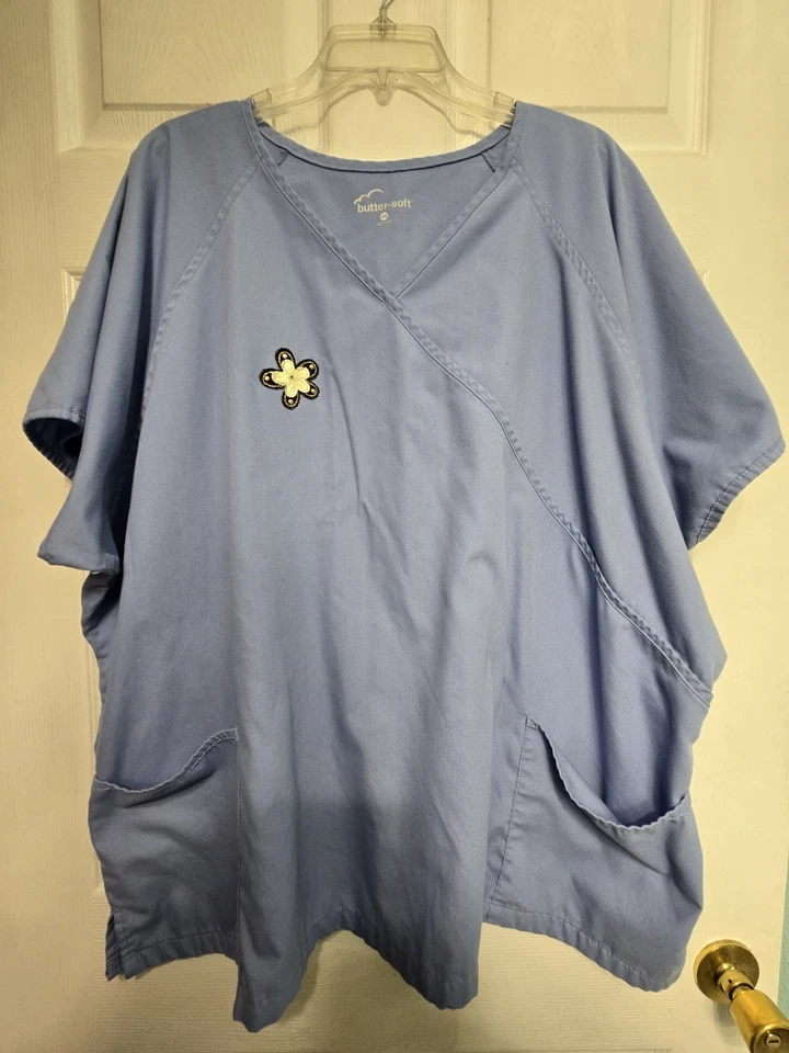 Butter-Soft Scrub Top size 4X-Ceil Blue Mock Wrap-Chest 31"/L 30" - Image 1 of 4
