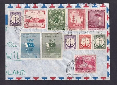 Pakistan 1957 long folded air mail to Switz. 11 stamps Hotel Metropole Night PO - Image 1 of 2