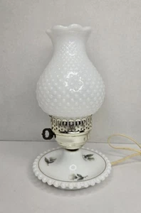 Vintage Floral Hand-Painted Milk Glass Hobnail Electric Hurricane Lamp 11" Tall - Picture 1 of 16